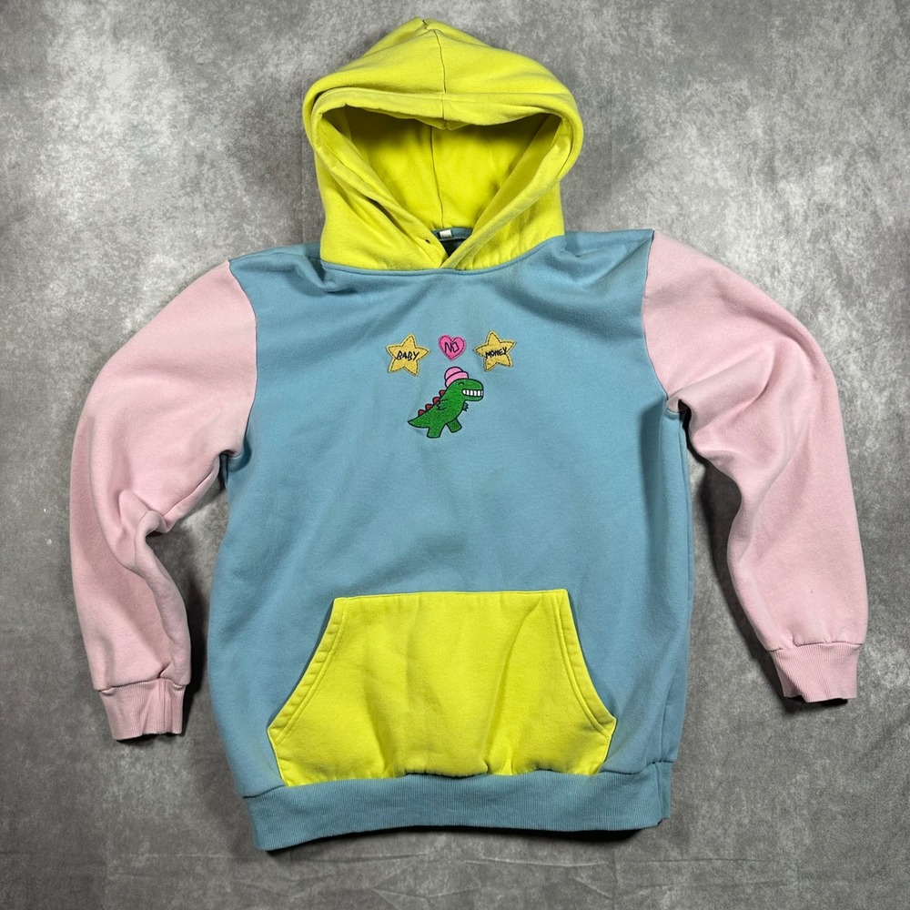 Baby No Money Dinosaur Colorblock Hoodie Blue Pink Yellow M Pastel Retro